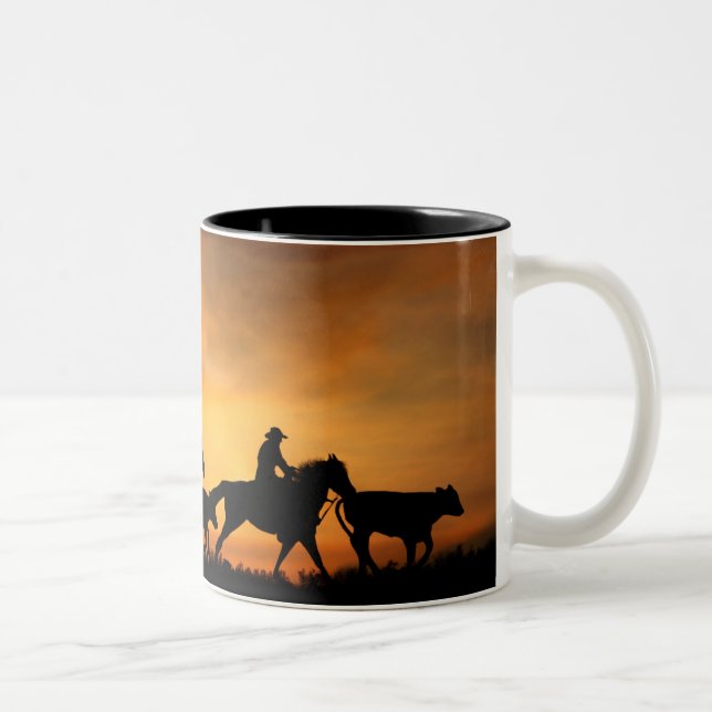 Cowboys Horses and Steer Country Western Rugged Two-Tone Coffee Mug (Right)