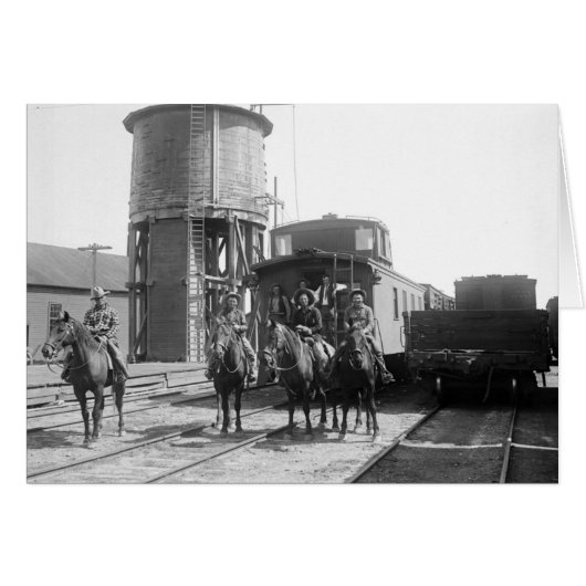 Cowboys on horses posing in front of a train cards (Front Horizontal)