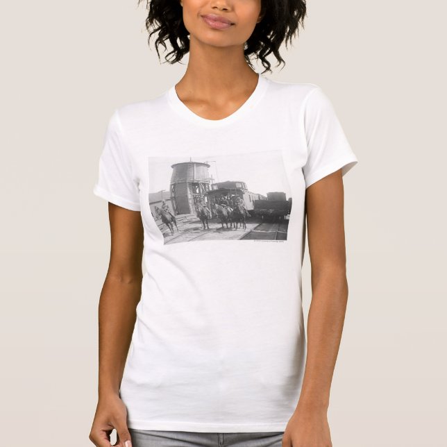 Cowboys on horses posing in front of a train T-Shirt (Front)