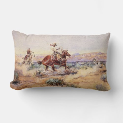 Cowboys on Horses Roping a Wolf with a Lasso Lumbar Pillow