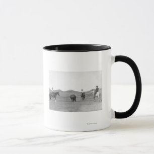 Cowboys on Horses Roping Buffalo Photograph Mug