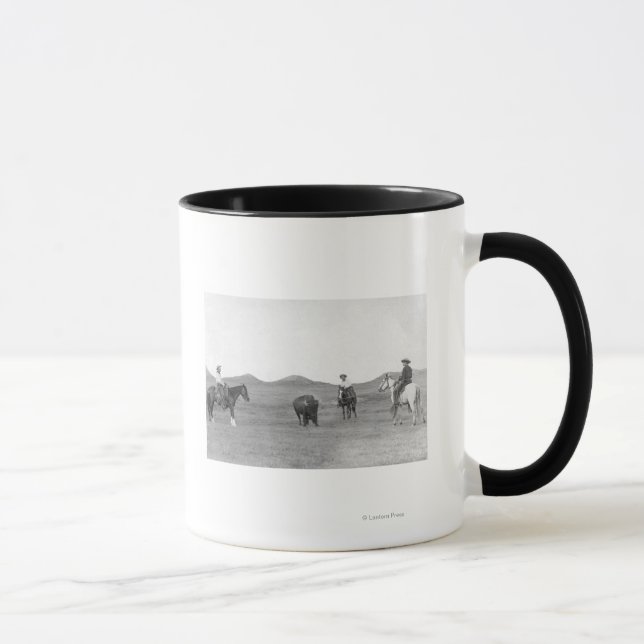 Cowboys on Horses Roping Buffalo Photograph Mug (Right)