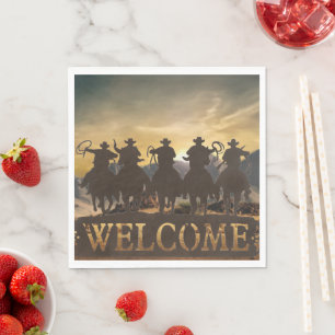 Cowboys Riding Range Mountain Background Paper Napkins