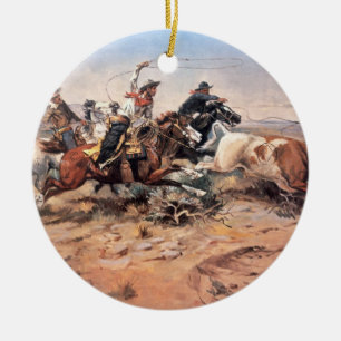 Cowboys roping a steer, 1897 (oil on canvas) ceramic ornament