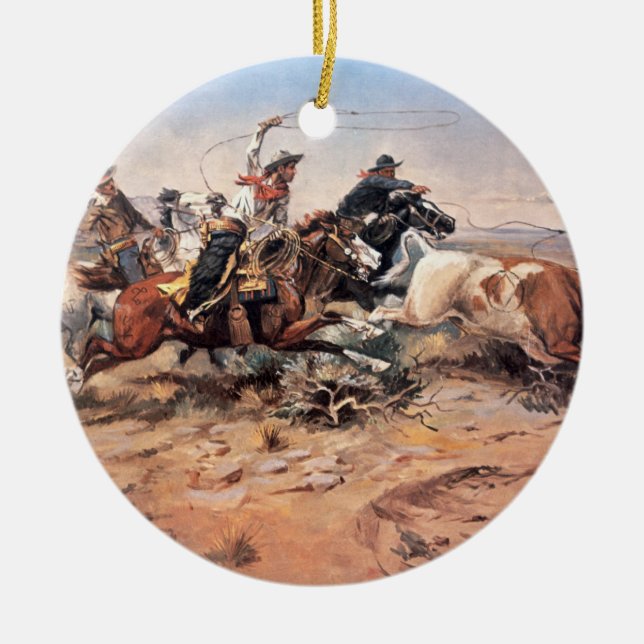 Cowboys roping a steer, 1897 (oil on canvas) ceramic ornament (Front)