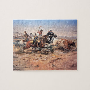 Cowboys roping a steer, 1897 (oil on canvas) jigsaw puzzle