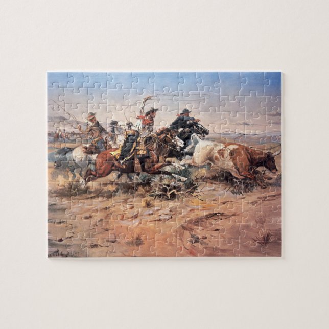 Cowboys roping a steer, 1897 (oil on canvas) jigsaw puzzle (Horizontal)