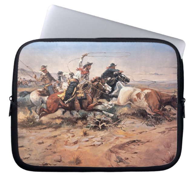 Cowboys roping a steer, 1897 (oil on canvas) laptop sleeve (Front)