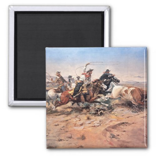 Cowboys roping a steer 1897 oil on canvas magnet