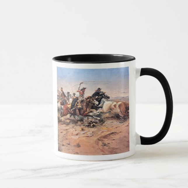 Cowboys roping a steer, 1897 (oil on canvas) mug (Right)