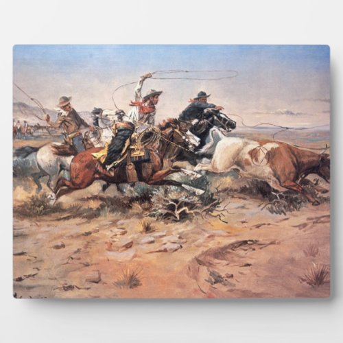 Cowboys roping a steer 1897 oil on canvas plaque