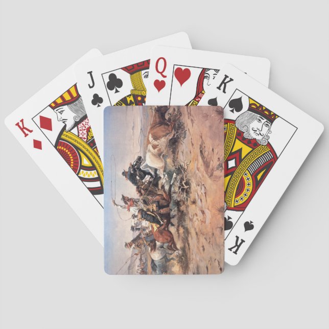 Cowboys roping a steer, 1897 (oil on canvas) poker cards (Back)