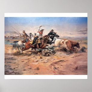 Cowboys roping a steer, 1897 (oil on canvas) poster