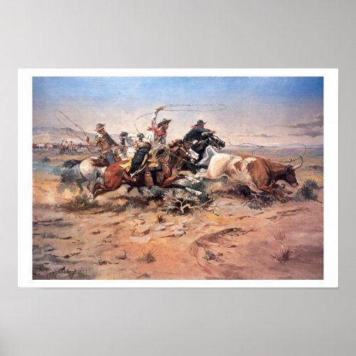 Cowboys roping a steer 1897 oil on canvas poster