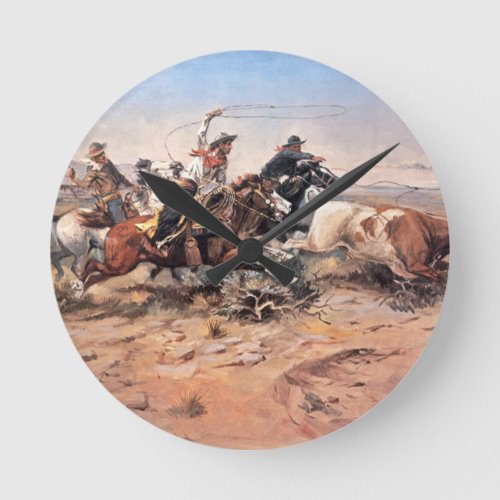 Cowboys roping a steer 1897 oil on canvas round clock