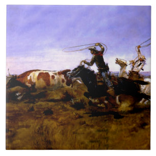 “Cowboys Roping a Steer” by Charles M Russell Ceramic Tile