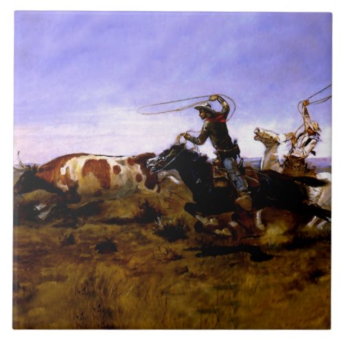 Cowboys Roping a Steer by Charles M Russell Ceramic Tile