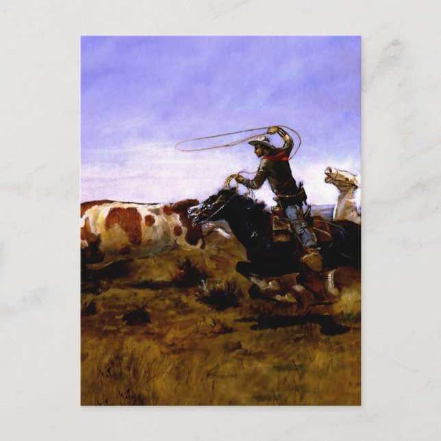 “Cowboys Roping a Steer” by Charles M Russell Postcard (Front)