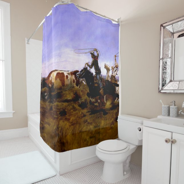 “Cowboys Roping a Steer” by Charles M Russell Shower Curtain (In Situ)