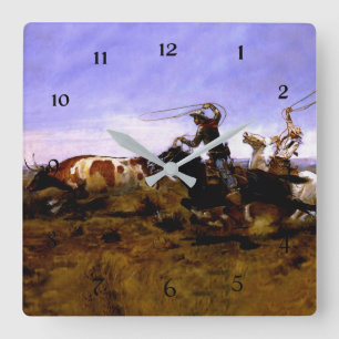 “Cowboys Roping a Steer” by Charles M Russell Square Wall Clock