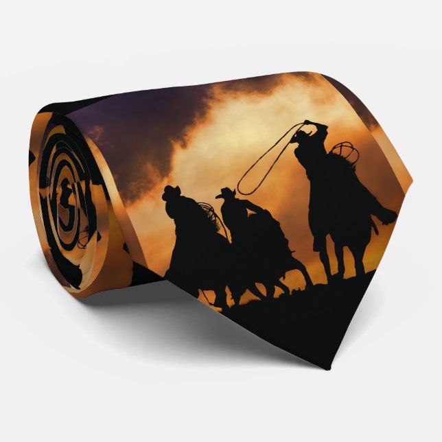 Cowboys Roping and Horses with Cool Sky Neck Tie (Rolled)