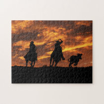 Cowboys Roping at Sunset Rustic Jigsaw Puzzle