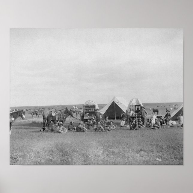 Cowboys Sitting around Chuckwagon Photograph Poster (Front)