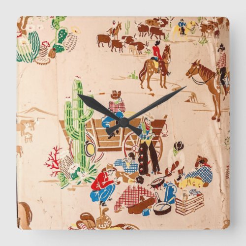 Cowboys _ Vintage Wallpaper Square Wall Clock