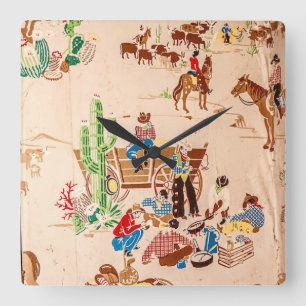 Cowboys - Vintage Wallpaper - Wild West Square Wal Wall Clock