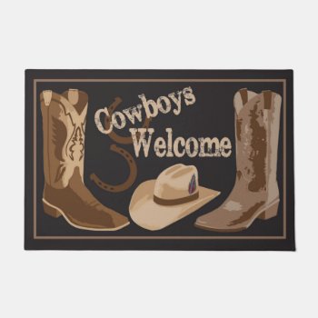 Cowboys Welcome Black Brown Boots Hats Horseshoes Doormat by phyllisdobbs at Zazzle