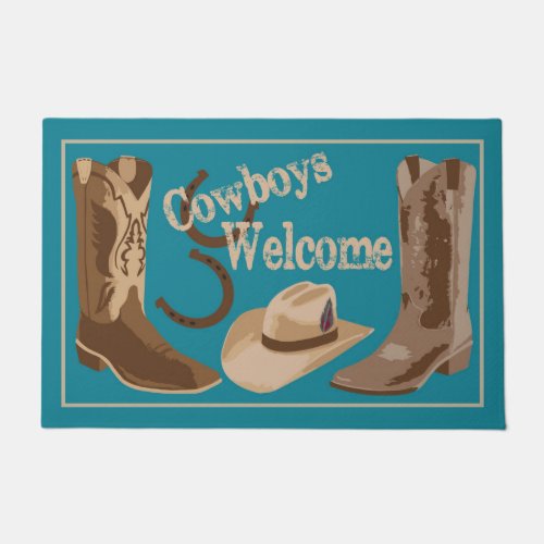 Cowboys Welcome Turquoise Teal Blue Brown Boots Doormat