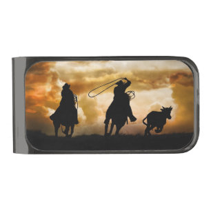 Cowboys Western Art Gunmetal Finish Money Clip