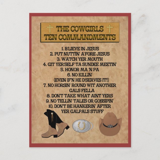 Cowgirl 10 Commandments POSTCARD (Front)