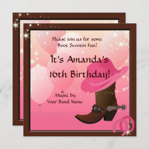 Cowgirl 16th Birthday Party Boot Scottin Custom Invitation