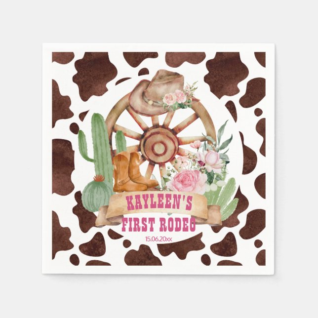 Cowgirl 1st rodeo birthday party personalized napkins (Front)