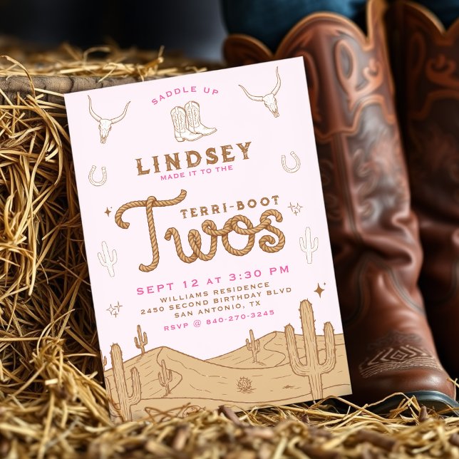 Cowgirl 2nd Birthday Party Terri-Boot Twos Pink Invitation (Creator Uploaded)