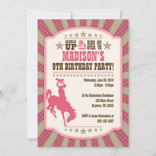 Cowgirl 9th Birthday Party Girl Invitation