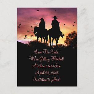 Cowgirl and Cowboy Riding Save the Date Postcard