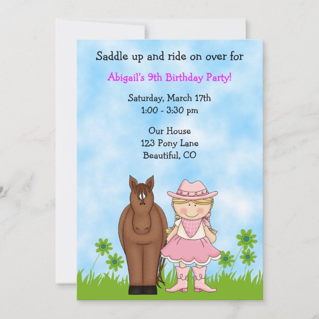 Cowgirl and Horse Birthday Invitation (Front)