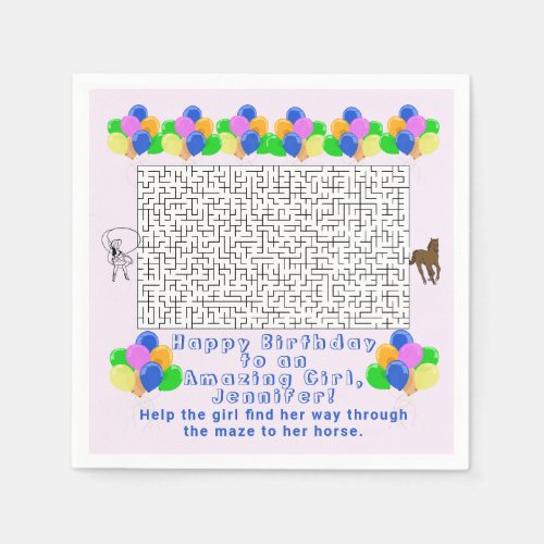 Cowgirl and Horse Birthday Maze Amazing Girl Pink Napkins