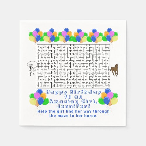 Cowgirl and Horse Birthday Maze Amazing Girl White Napkins