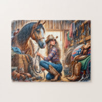 Cowgirl and Horse in Barn Stable at Ranch