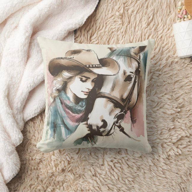 Cowgirl And Horse Pastel Watercolor Throw Pillow (Blanket)