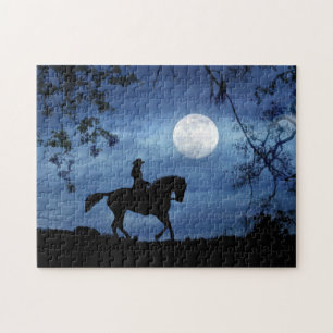 Cowgirl and Horse Riding in Moonlight Jigsaw Puzzle