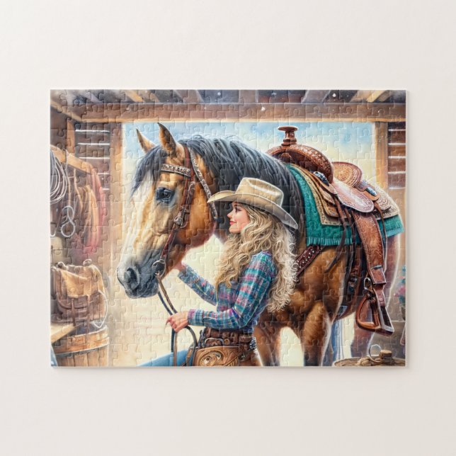 Cowgirl and Horse Rustic Western Barn Jigsaw Puzzle (Horizontal)