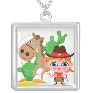 Cowgirl and Horse Silver Plated Necklace