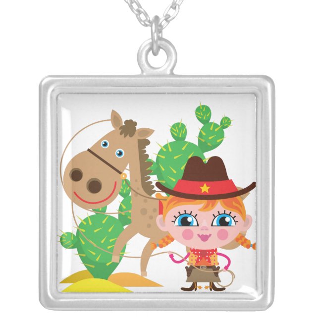 Cowgirl and Horse Silver Plated Necklace (Front)