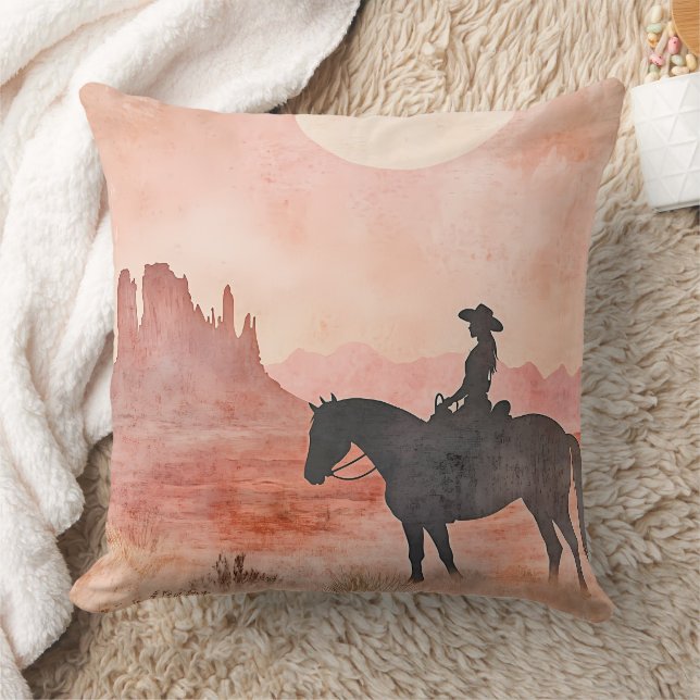 Cowgirl and Horse Southwestern Sunset Silhouette Throw Pillow (Blanket)