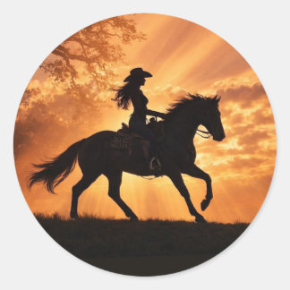 Cowgirl and Horse Sunset Country Western Classic Round Sticker
