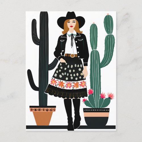 Cowgirl and Potted Cactus Plants Postcard